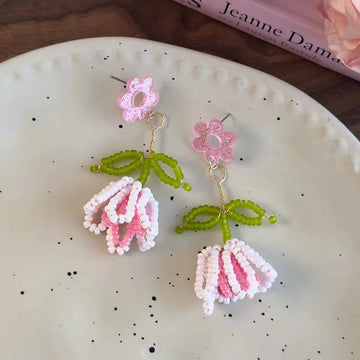 DAIIIBABYYY  -  New Handmade Bead Pink Flower Bouquet Pendant Earrings For Women Aesthetic Vacation Party Scene Accessories
